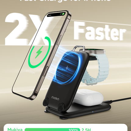 Choetech MagLeap 15W Travel 3-in-1 Foldable Magnetic Wireless Charger - Black
