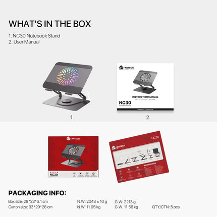 Fantech NC30 Notebook Laptop Cooler RGB Cooling Stand with 360° Rotating Base - Grey