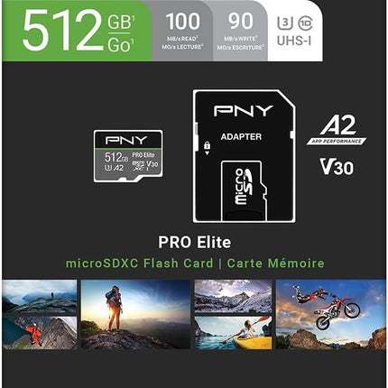 PNY 512GB PRO Elite U3 V30 A2 MicroSDXC Memory Card Up to 100MB/s Read w/Adapter