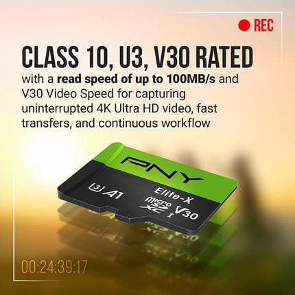 PNY 128GB Elite-X U3 V30 A1 MicroSDXC Memory Card Up to 100MB/s Read - 2 pack w/Adapter