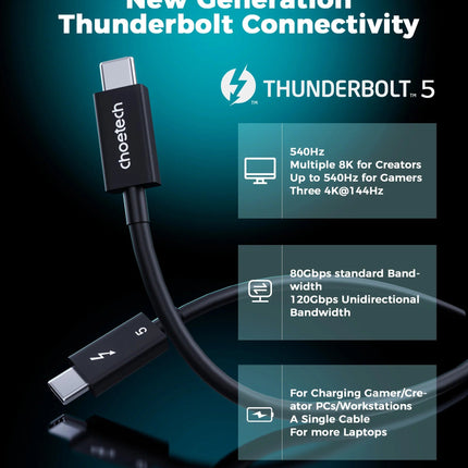 Choetech HyperLink Thunderbolt 5 240W USB-C to C Fast Charging Intel Certified Cable - 120Gbps 8K@60Hz, 1m